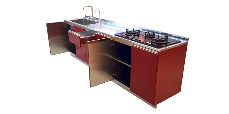 Elegantly designed kitchen cabinet with glass topped stove and sink attached to it.